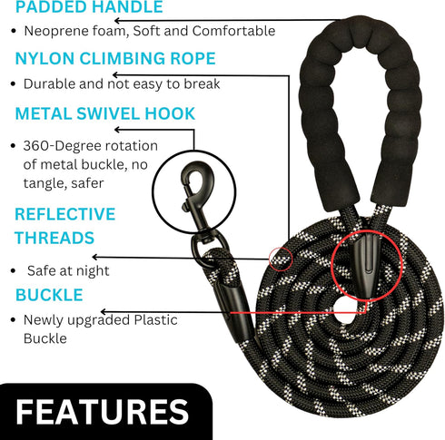Rope Dog Leash 6 ft, Heavy Duty Reflective Tangle-Free with Padded Handle, Ideal for Walking, Running & Training (Black)