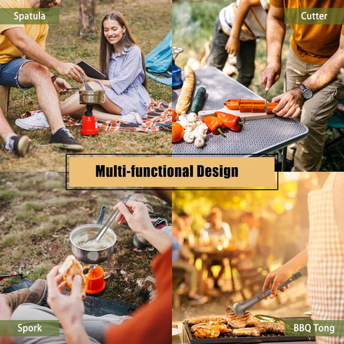 HUIOP Titanium Tongs, Multi-Purpose BBQ Serving Tongs with Spork and Serrated Spatula for Camping and Cooking