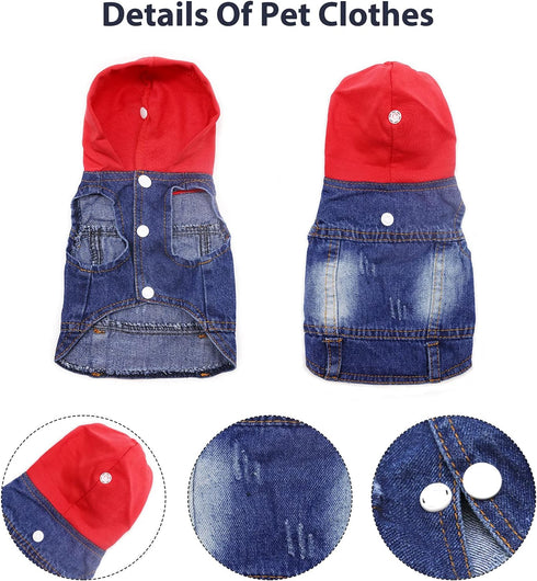 SILD Pet Clothes Dog Jeans Jacket - Cool Blue Denim Coat for Small Medium Dogs, Classic Hoodies (Red, XS)