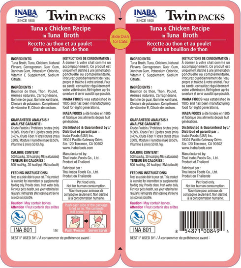INABA Twin Packs for Cats, Shredded Chicken & Broth Gelée Side Dish/Topper Pouch, 1.4 Ounces per Serving, 16 Servings, Tuna & Chicken Recipe in Tuna Broth