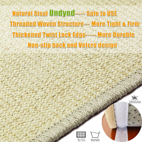 Cat Scratcher Mat, 23.6x15.7” Natural Sisal Scratching Mat with Velcro Tape, Stick on Floor and Wall, Protect Carpet