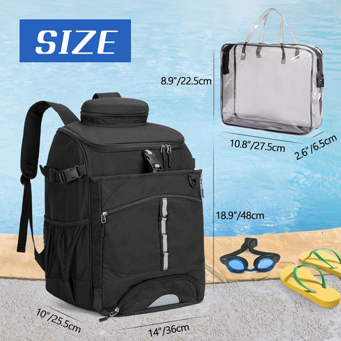 Swim Backpack for Swimmers, Equipment Bag with PVC Transparent Bag for Workout Gear, Black