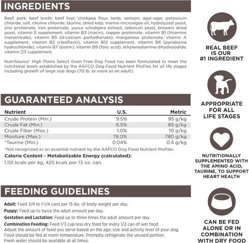 13 (Pack 12) NutriSource High Plains Select Grain Free Wet Dog Food, Beef, Pork, Lamb, and Venison, Ounce