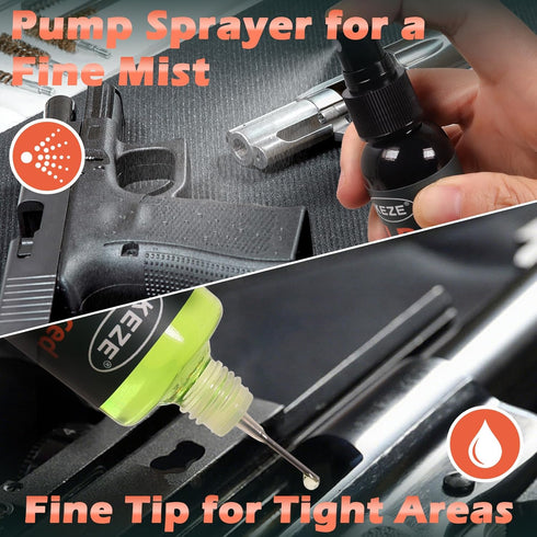 2 oz. 1 oz. .22,.357,.38,9mm,.45 Keze Gun Oil CLP Gun Cleaner Lubricant Universal Handgun Cleaning Kit - Fine Mist Pump
