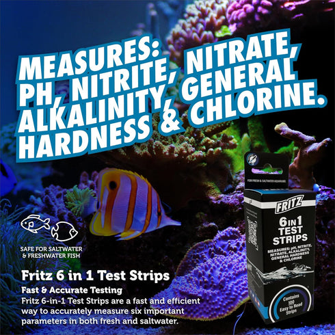 Fritz 6 in 1 Aquarium Test Strips, Monitor Nitrates, Nitrites, Water Hardness, Chlorine, Alkalinity and pH Level, 100