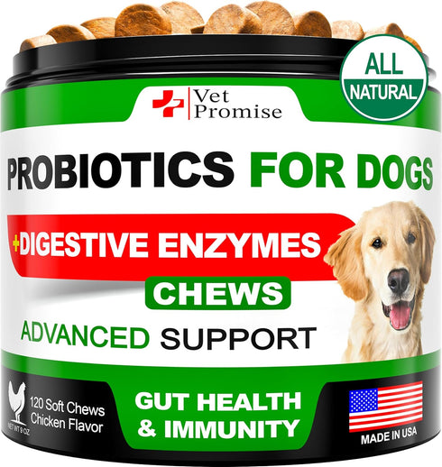 Probiotics for Dogs, Digestive Enzymes for Gut Health, Itchy Skin, Allergies, 120 Probiotic Chews Supplement