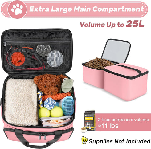 6 Set Dog Travel Bag, Large Pet Travel Kit with 2 Food Containers, 1 Organizer, 2 Collapsible Bowls, Pink Dog Mom Gifts