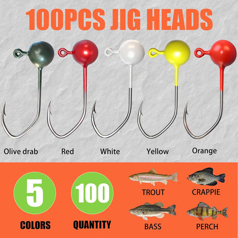 Lanmoon 100pcs 1/64oz 1/35oz 1/16oz Fly Tying Jig Heads Kit, Jig Heads for Fly Fishing for Trout Crappie DIY Lure