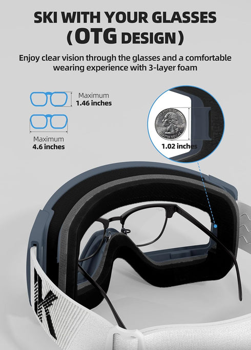 OTG Ski Goggles - Interchangeable Magnetic Lens Anti Fog Snowboard Goggles for Adult Women Men Youth