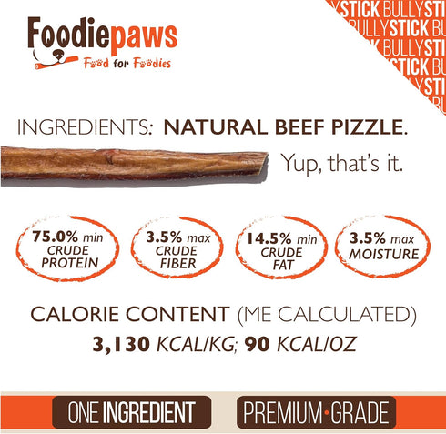 6 Inch 25 Pack FOODIEPAWS Thin Bully Sticks for Dogs, Bulk | All Natural, Grass-Fed Beef | High Protein, Rawhide-Free
