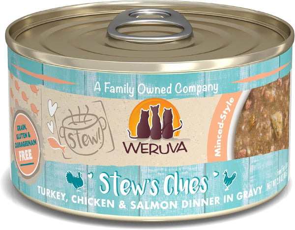 Weruva Classic Cat Stews! Stew's Clues with Turkey, Chicken & Salmon in Gravy, 2.8oz Can (Pack of 12)