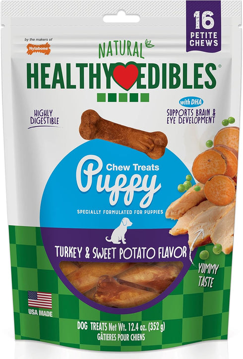 Nylabone Healthy Edibles Natural Puppy Chews, Long Lasting Turkey & Sweet Potato Flavor, X-Small/Petite, 16 Count