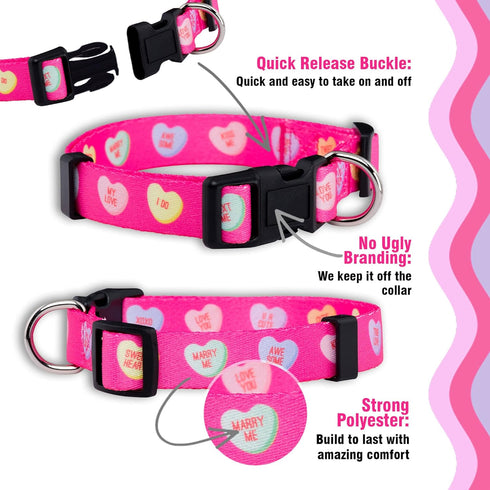 Native Pup Valentine’s Dog Collar, Adjustable for Small, Medium, Large Breeds, Candy Hearts, Small