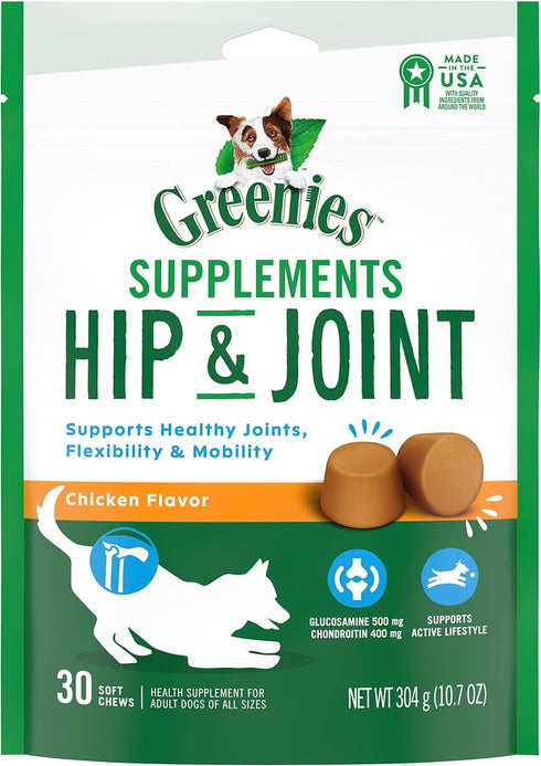 GREENIES Supplements, Hip & Joint Supplements for Dogs with Glucosamine and Chondroitin, 30 Count Chicken-Flavor Soft
