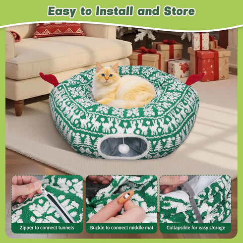 Petrendy Cat Tunnel Bed, Cute Cat Tunnels for Indoor Cats with Washable Mat, Hanging Ball, Collapsible Play Tunnel, Pet