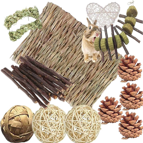 Bunny Hamsters Chew Toys Set, Straw Woven Bed Mat& Rabbit Pet Tooth