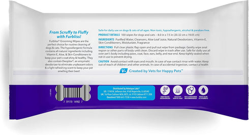 Vetnique Labs Furbliss Hygienic Pet Wipes for Dogs & Cats, 100ct Pouch, Hypoallergenic Thick Wipes with All Natural