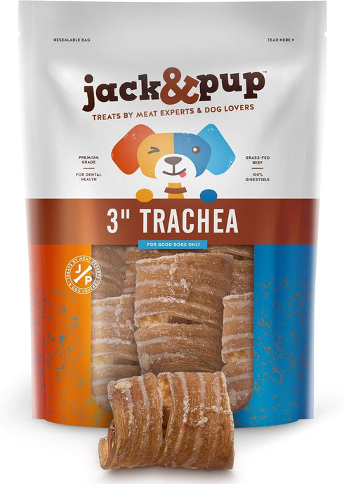 Jack&Pup Trachea Dog Chew, 3-inch Beef Trachea Bites for Dogs (16 oz), Natural Dog Treat Rich in Glucosamine