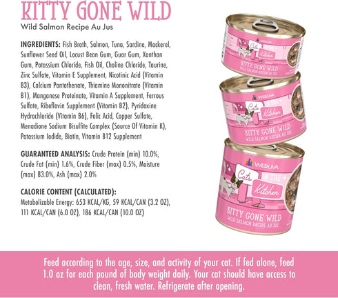 Weruva Cats in The Kitchen, Kitty Gone Wild with Wild Salmon Au Jus Cat Food, 3.2oz Can (Pack of 24)