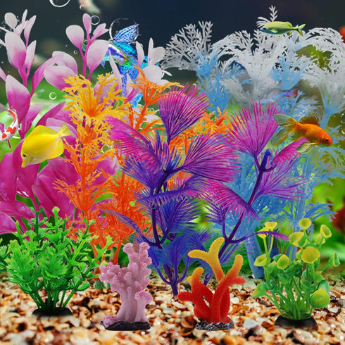 8 Pcs Aquarium Decorations, Small Plastic Plants with Resin Coral, Fish Tank Accessories, Aquarium Decor