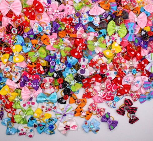 YOY 50 Pcs Adorable Grosgrain Ribbon Pet Dog Hair Bows with Elastic Rubber Bands, Doggy Kitty Topknot Grooming