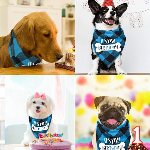 VIPITH Double Sided Cotton Dog Birthday Bandana Girl Boy, Washable Reversible Plaid Painting Dog Scarf Bibs for Small