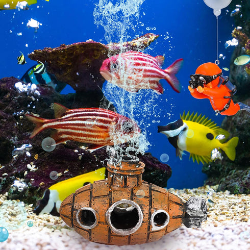 3 Pcs Floating Fish Tank Decorations, Aquarium Air Pump Decorations with Hanging Diver and Retro Submarine Wreck