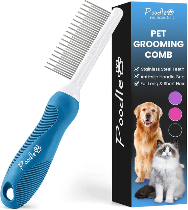 Poodle Grooming Comb - Metal Dematting Comb with Long & Short Stainless Steel Teeth for Gentle Removal of Matted Hair