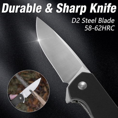 FLISSA Pocket Knife, Folding Tactical Knife with G10 Handle, D2 Blade, Liner Lock, EDC Knife