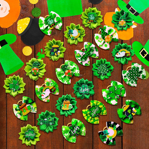 80pcs St.Patrick's Day Dog Hair Bows, Holiday Small Pet Grooming Bows with Rubber Bands, Green Clover Accessories
