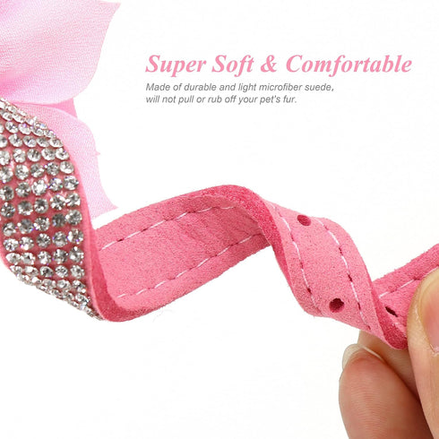Cute Girl Rhinestone Suede Dog Collar for Small Dogs, Soft Diamond Bling Collars for Medium Dogs (Pink, S)