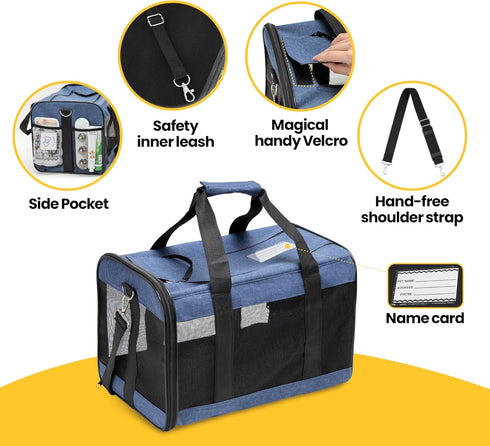 Cat Carrier Airline Approved, Soft-Sided Dog Carrier with Safety Leash, Collapsible Pet Transport Carrier for Cats,