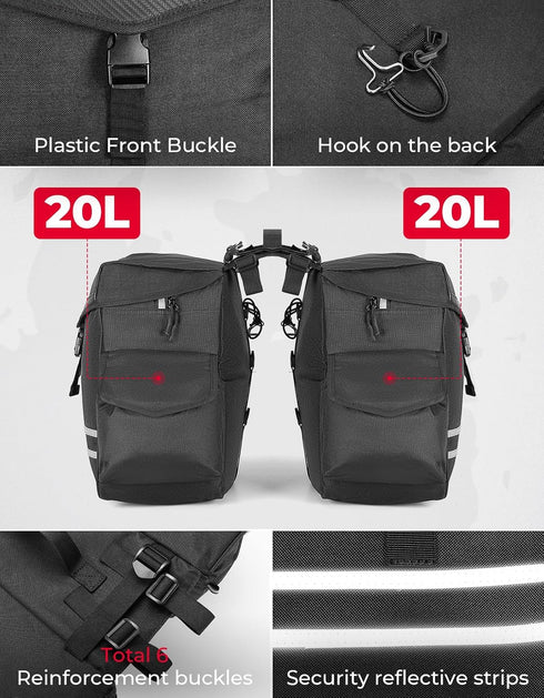 KEMIMOTO 40L Bike Panniers Bag for Rear Rack, Waterproof with Rain Cover, Black