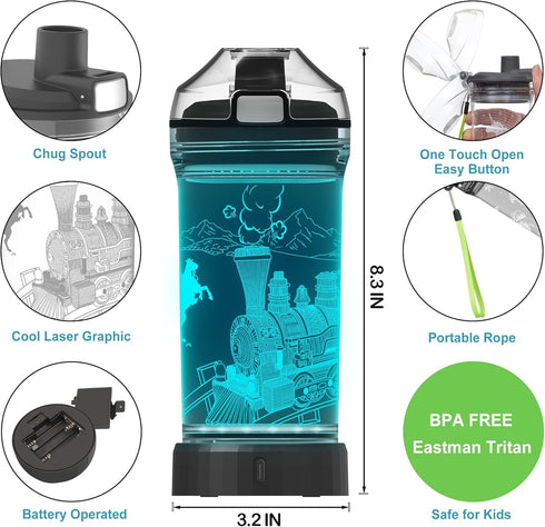 3D 14 Oz Lightzz Kids Train Water Bottle with Glowing LED Light, Ideal Travel Cup Train Gifts for Back to School Girls