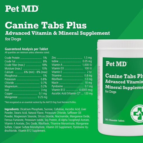 Pet MD Canine Tabs Plus - 365 Count Advanced Multivitamins for Dogs, Natural Daily Vitamin and Mineral Nutritional