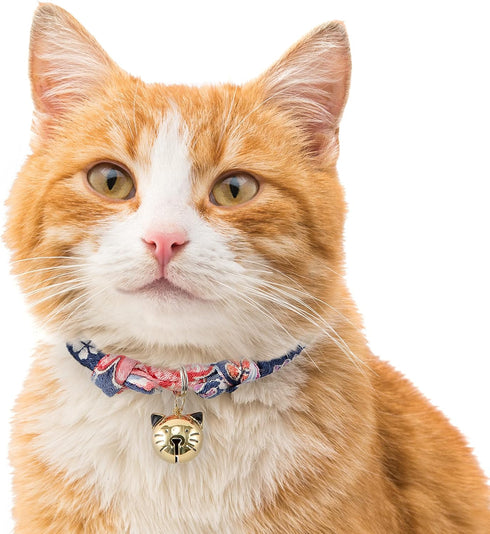 Necoichi Chirimen Hanabi Fireworks Cat Collar (Navy) with Bell - Safety Breakaway Soft Lightweight