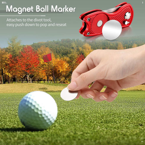 Skylety 4 Pieces Golf Divot Repair Tool with Magnetic Button Ball Marker, Stainless Steel Foldable Tool
