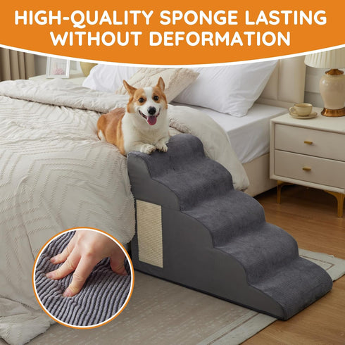 Dog Stairs for Small Dogs, 3-Step Curved Ramp for Bed, Couch, Sofa, Car, Non-Slip Bottom Design, Grey