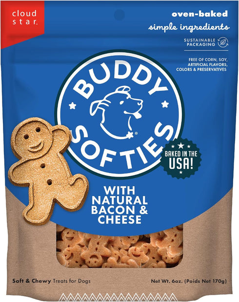 Buddy Biscuit Softies Dog Treats, 6 oz Pouch, Soft & Chewy, Natural Bacon and Cheese Flavor