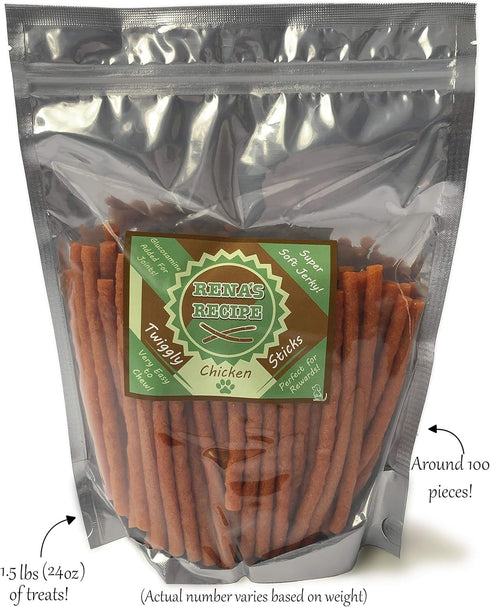 (24oz /1.5lbs) Pack 100 Rena's Recipe Twiggly Chicken Sticks Big (Around Pieces) - Rawhide Free Soft Chicken Jerky