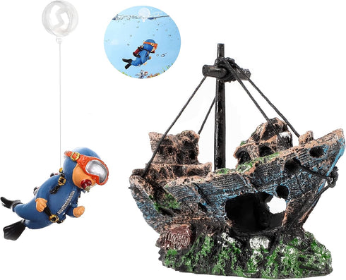 Shipwreck Aquarium Decoration + Little Diver Floating Fish Tank Ornament, Fish Tank Hideout, Fish Tank Decor
