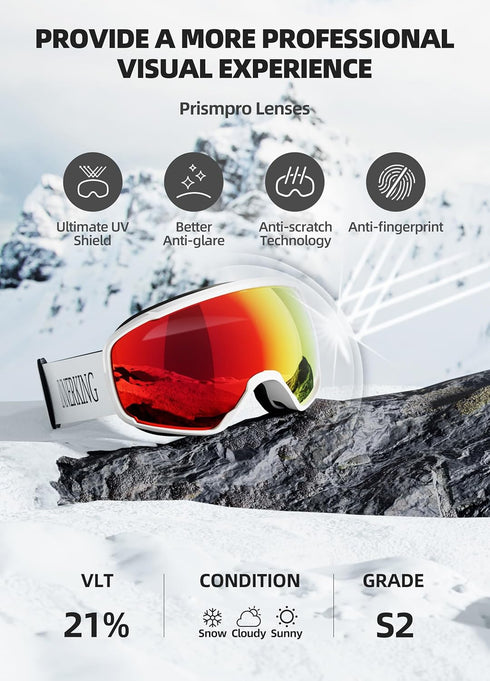 OTG Ski Goggles, Over Glasses Snow/Snowboard Sports Goggles Anti Fog for Adults & Youth