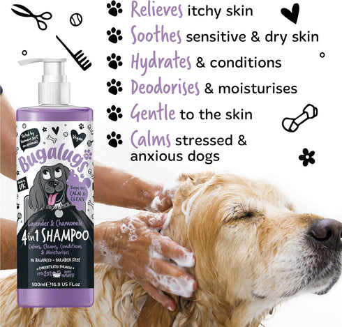 Dog Shampoo by Bugalugs, Lavender & Chamomile 4 in 1 Grooming Shampoo for Smelly Dogs, Vegan