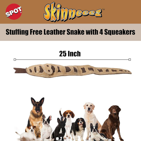 SPOT Skinneeez Leather Snake, 25in Stuffing-Free Dog Toy with Real Leather & 4 Squeakers for Medium Dogs