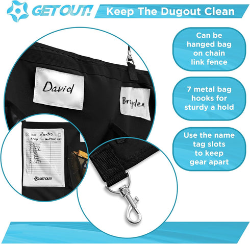 Get Out! Dugout Organizer for Helmets, Gloves, Bats - 15 Pocket Baseball Coaching Accessories with 7 Hooks