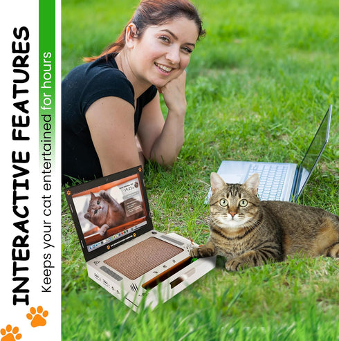 Cardboard Scratching Laptop for Cats - 3-in-1 Durable Corrugated Cat Scratcher with Toy Plush Fluffy Mouse & Bell Ball