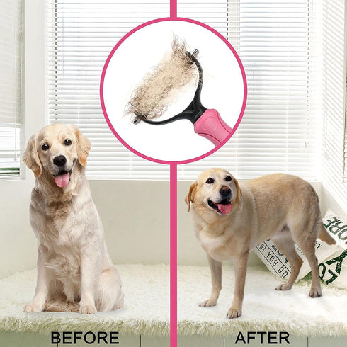 Undercoat Rake for Dogs, 2 Side Brush for Deshedding and Dematting, Professional Grooming Hair Tools for Pets, Pink