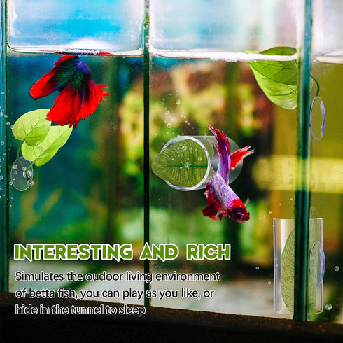 6 Pcs Acrylic Tube Tunnel for Betta Fish, Hollow Cave with Leaf Pad for Aquarium Decor