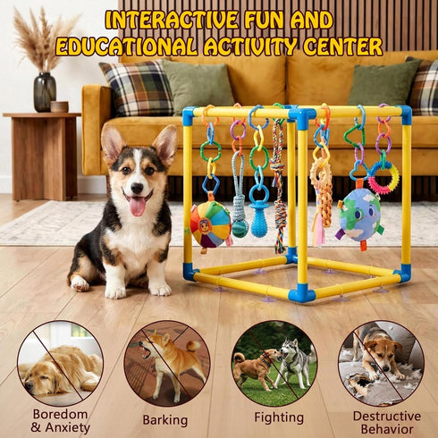 8 Puppy Play Gym with Hanging Toys, Small Dogs Indoor Jungle Playground, PVC Frame with Suction Cups Interactive