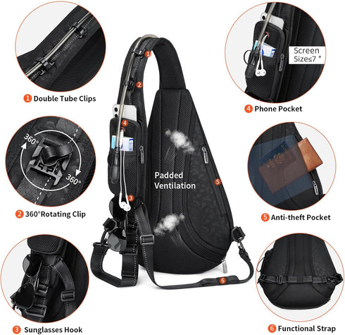 Large Crossbody Sling Bag for Men, One Shoulder Backpack, Hiking Backpack (No Water Bladder)